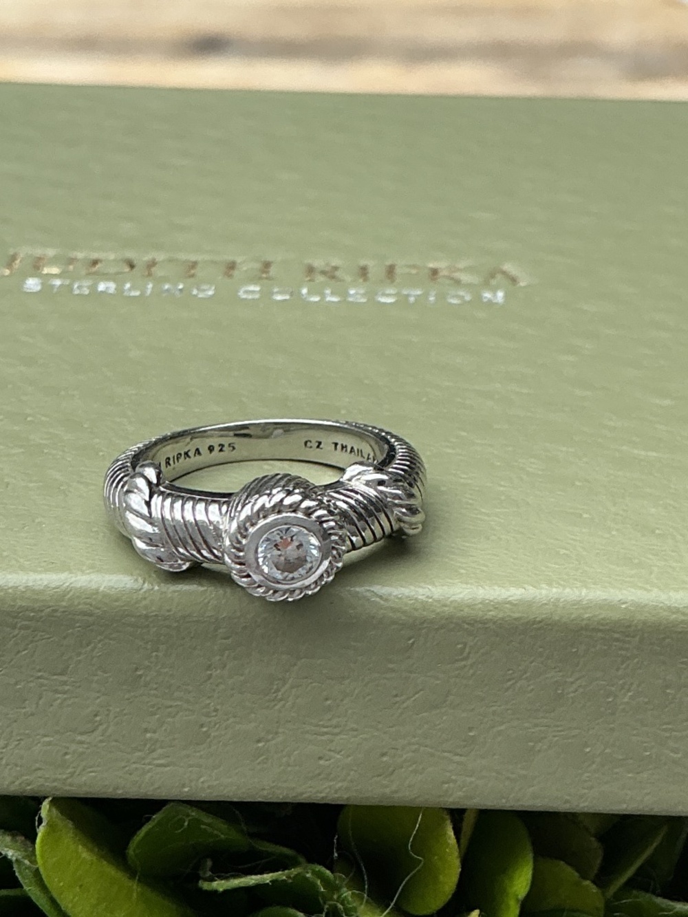 Judith Ripka Sterling Silver- Cable -CZ Solitaire Ring, Size 6